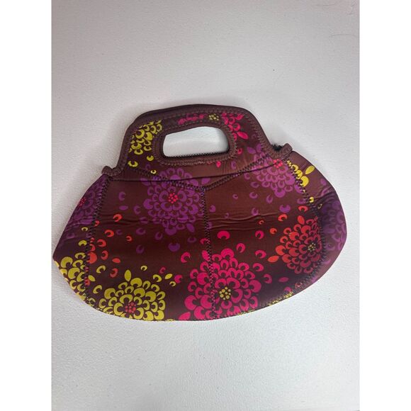 Boho Floral Neoprene Top-Handle Clutch Purse – Brown Pink Purple, Zip - Picture 2 of 6